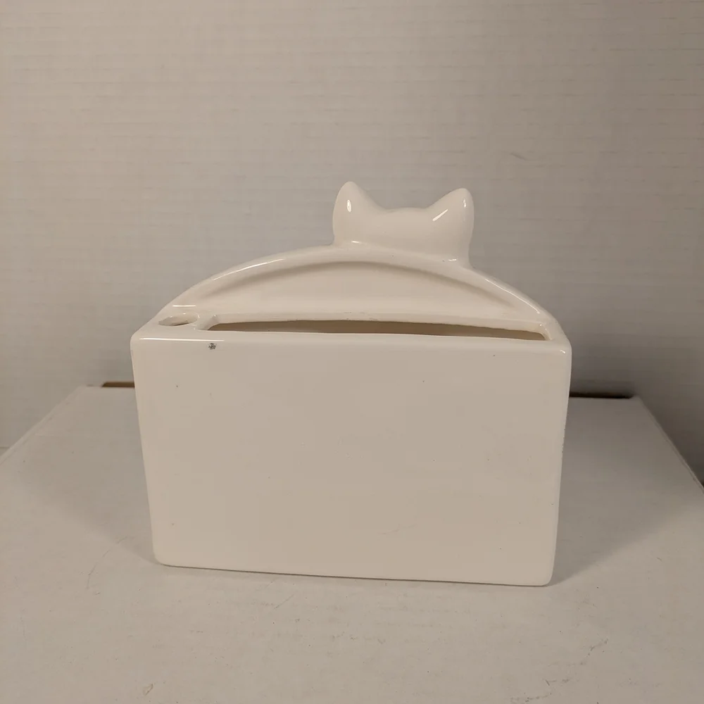 Ceramic Cat pen/ make up/ stationary Holder with Blue Accents by Otagiri
